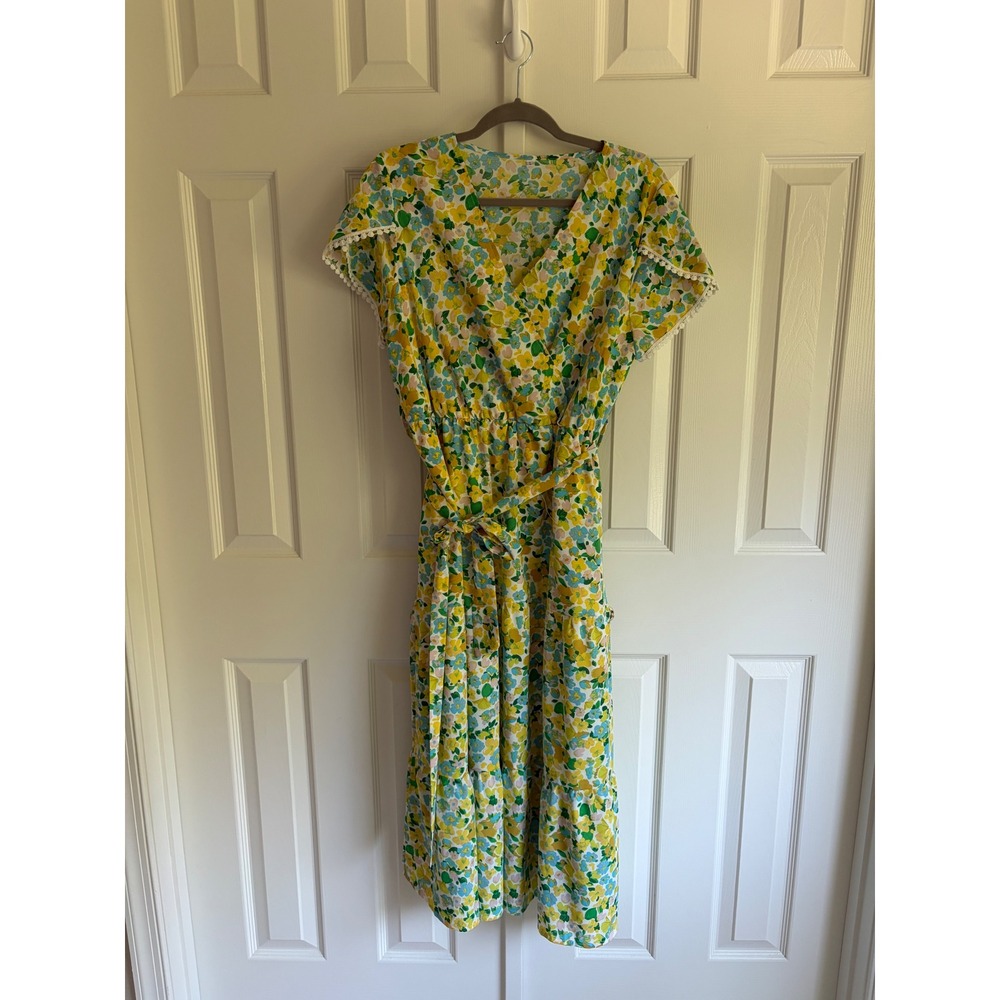 Floral Midi Dress Large Yellow Blue Green Pom Pom Trim Boho Bright Romantic